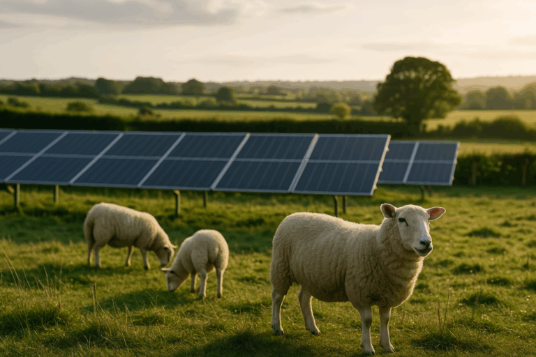 Sheep grazing on a solar farm